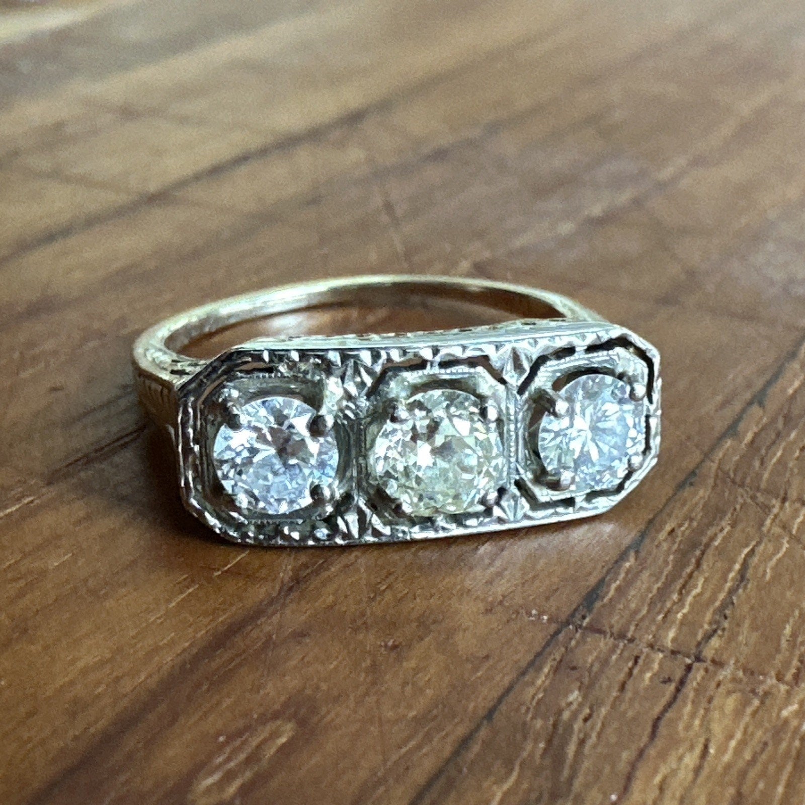 Edwardian 14k/18k 3 stone Old European Cut diamonds setting ring 1.09 Cttw