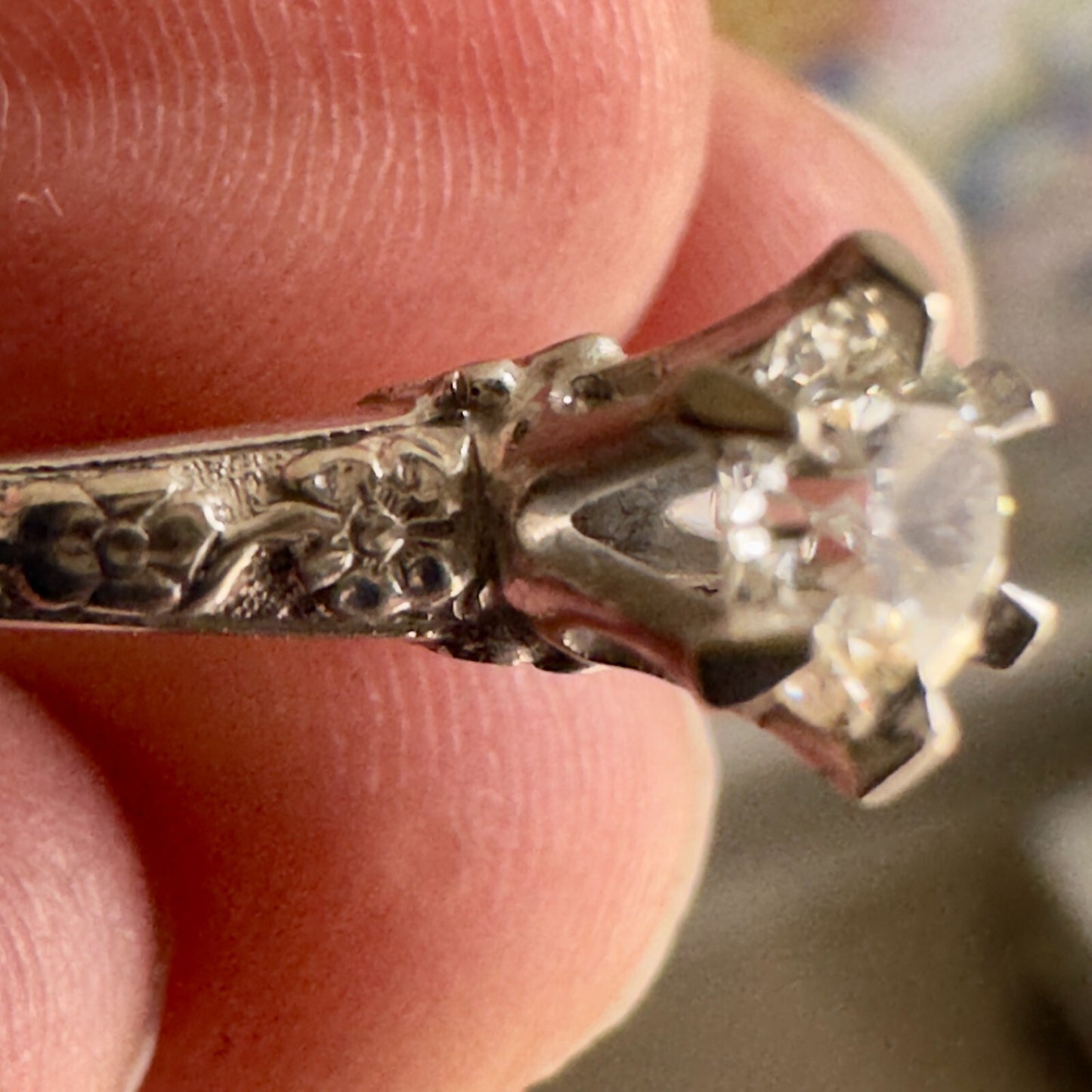 Art Deco 18k Forget Me Not OEC Diamond Solitaire with orange blossom band Size 5