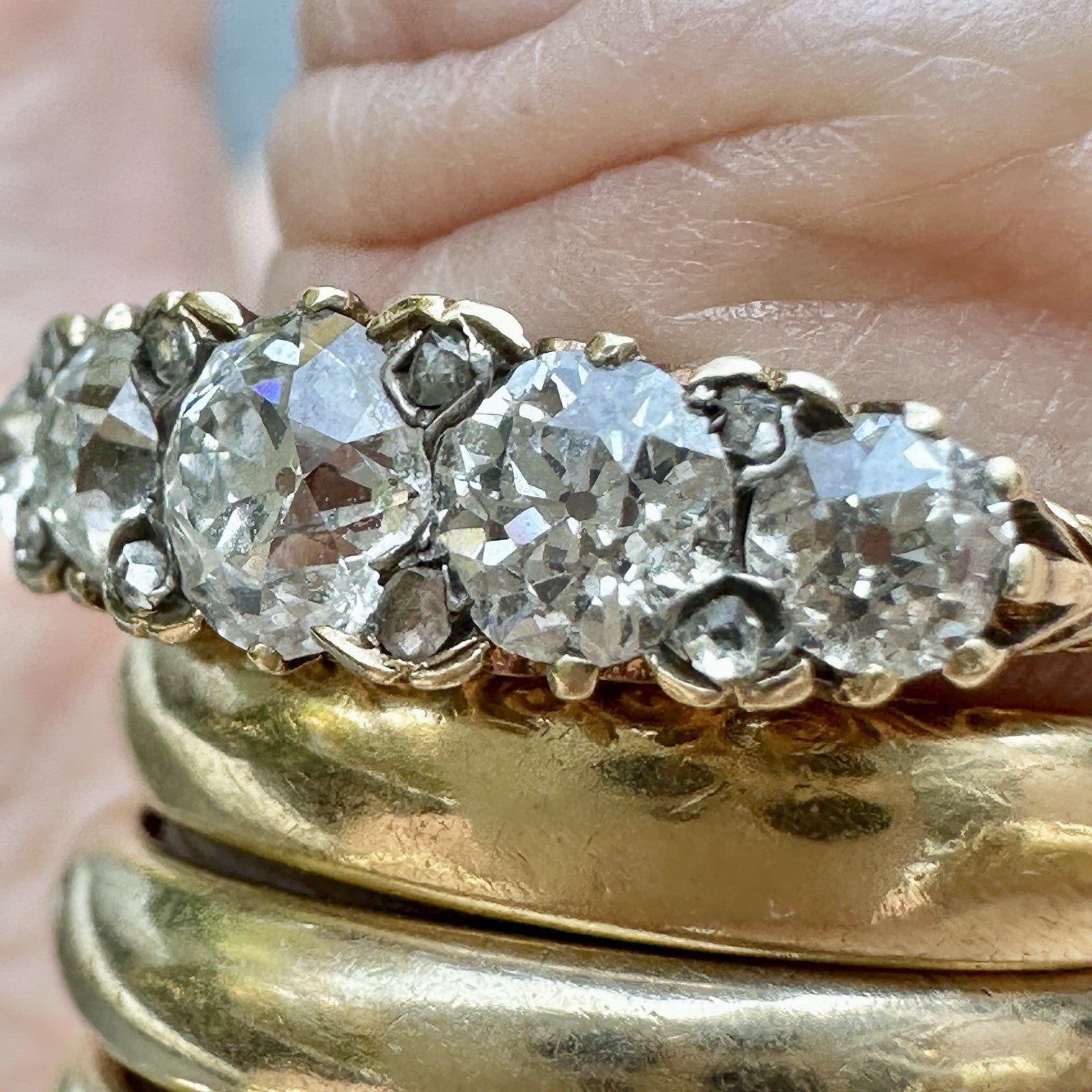 Victorian Old Cushion Cut 1.75 + Cttw  Hoop Ring ( Five Central Diamonds )