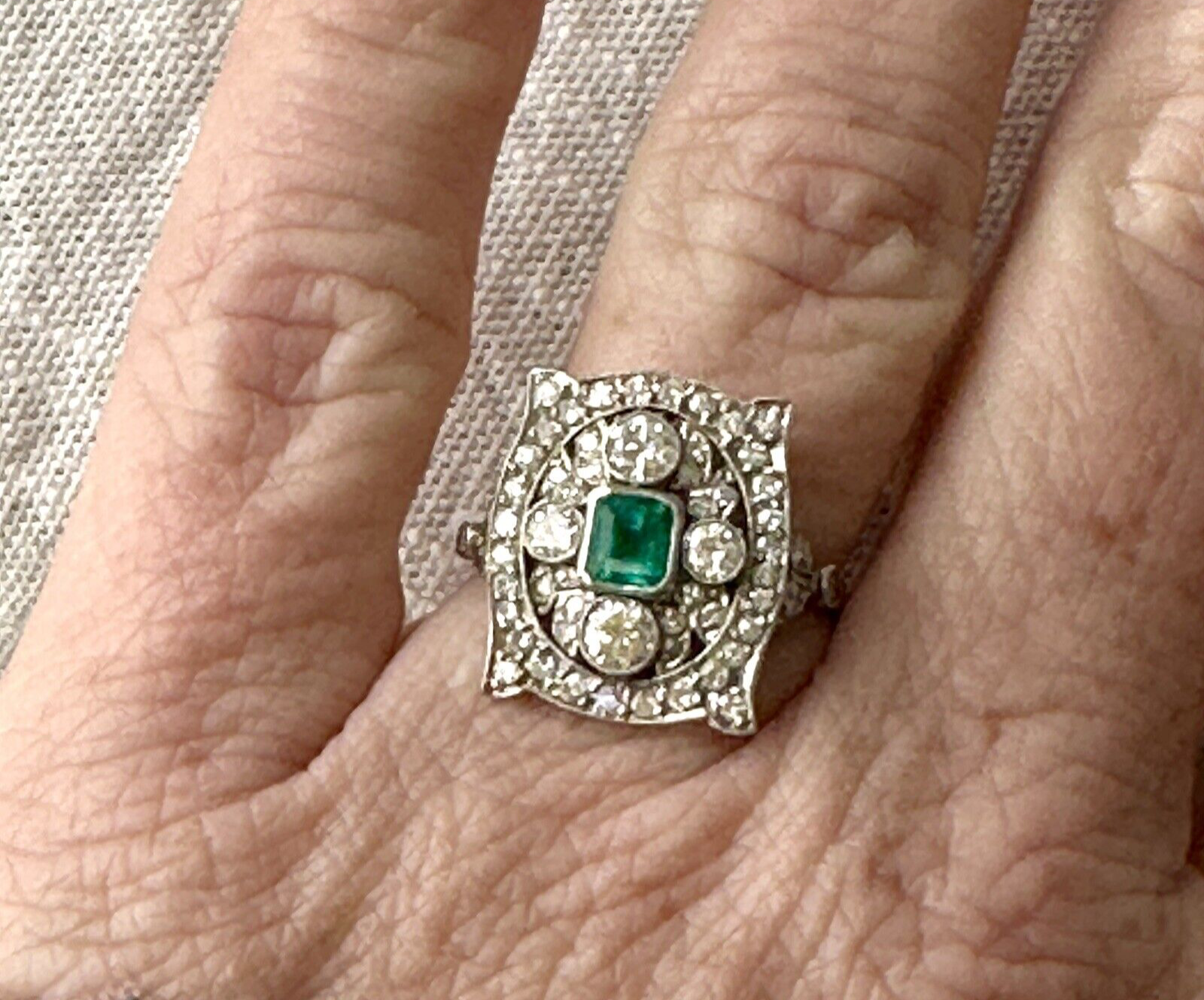 Antique Old Cut Diamond Emerald Shield Ring ( 2+ Cttw)