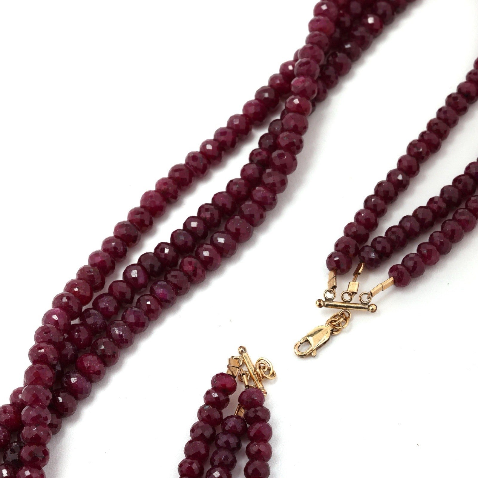 Three Strand Ruby 14k Gold Necklace 