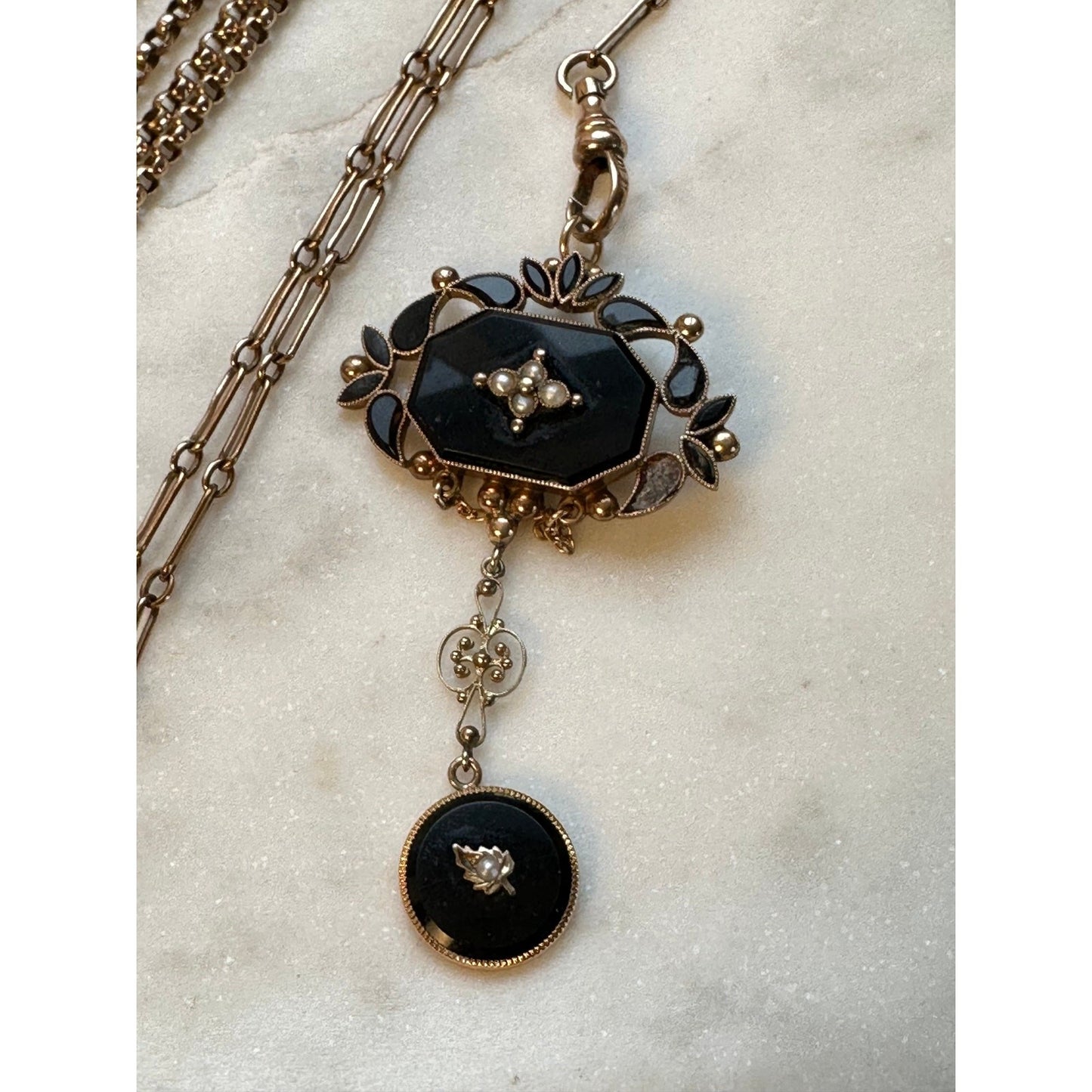 ANTIQUE 10K GOLD, PEARL & ONYX PENDANT  On A rose gold mini trombone Link