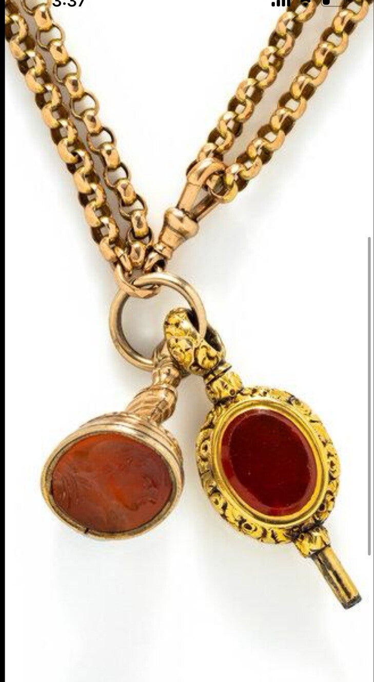 Gold Antique Belcher Chain And Carneilan, Bloodstone Watch Fobs 30” 47g
