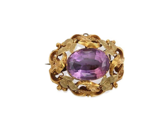 ANTIQUE • Art Nouveau 18k Yellow Gold Buffed Top Amethyst Scroll Frame Brooch