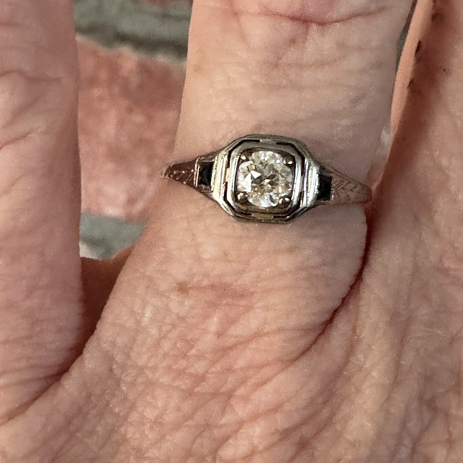 Antique 14K Gold .45ct Old European Cut Diamond & Lab Sapphire Art Deco Ring