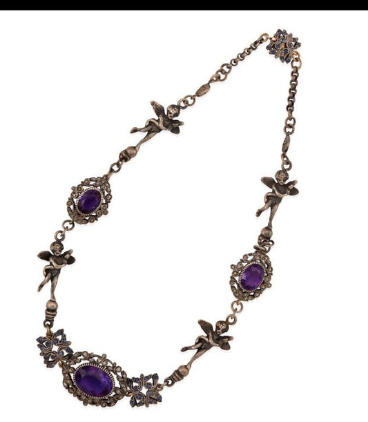 Antique Gold And Silver Amethyst Sapphire Diamond Necklace 