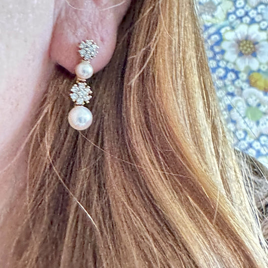Vintage 14k  1.1 Cttw Diamond Pearl Dangle Earrings