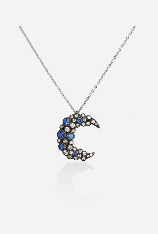 18k Diamond Sapphire Crescent Moon Pendant Necklace By Vivaan