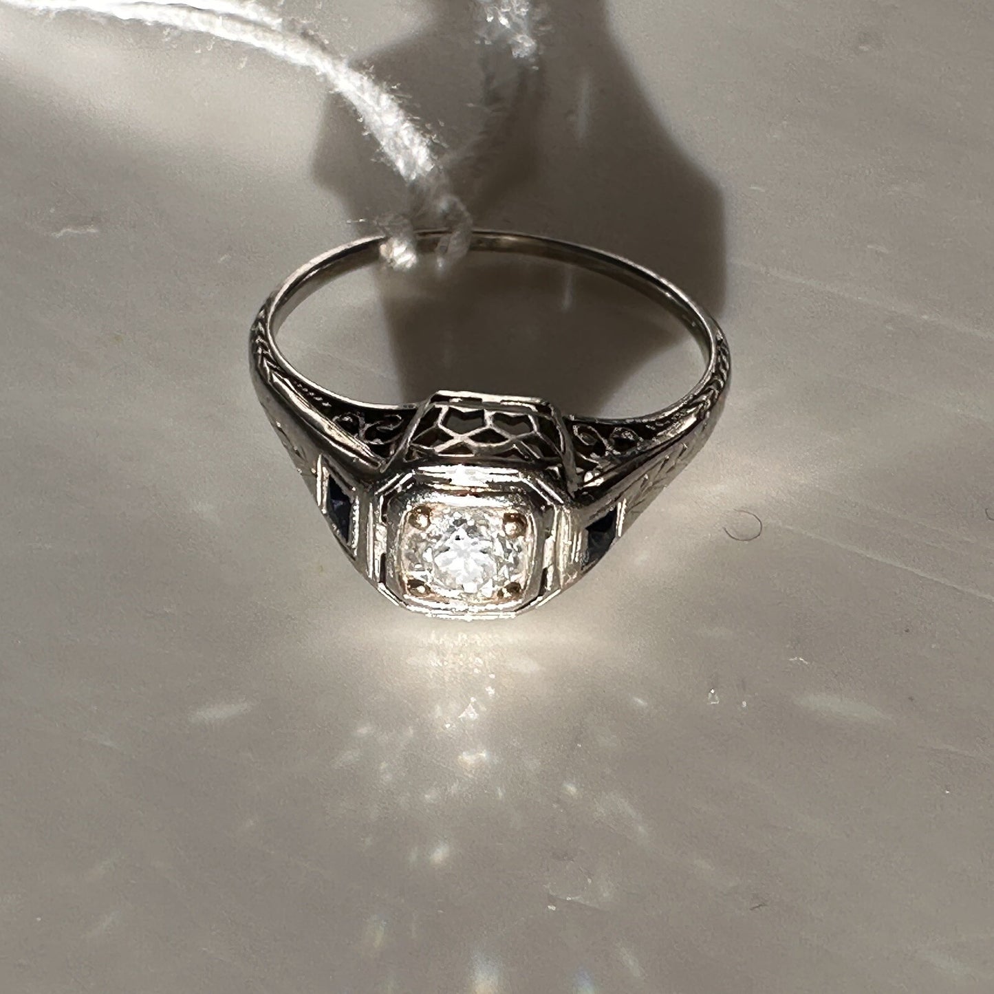 Antique 14K Gold .45ct Old European Cut Diamond & Lab Sapphire Art Deco Ring