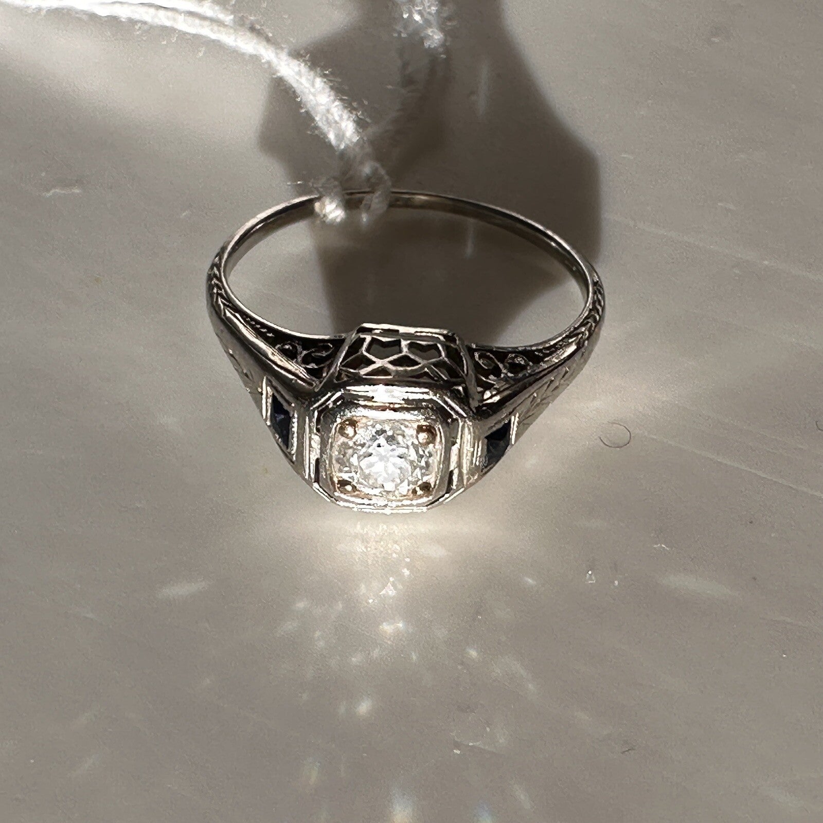 Antique 14K Gold .45ct Old European Cut Diamond & Lab Sapphire Art Deco Ring