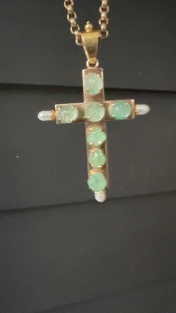 Vintage Italian Yellow 14k/ 18k Gold Emerald &Pearl Cross Pendant Good Sized!