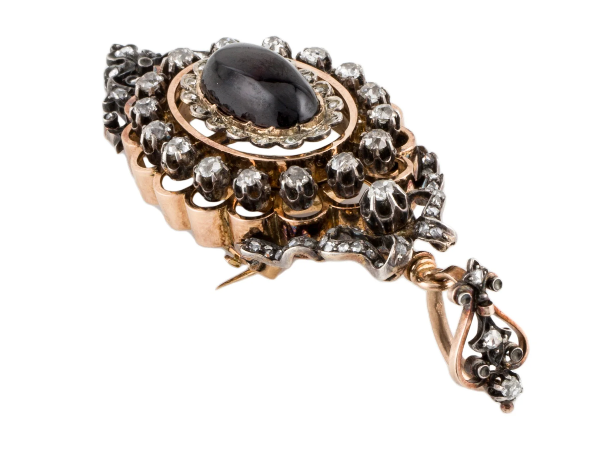 French Victorian Garnet  And Old mine cut Diamond  (3.2 cttw)  Pendant /Brooch