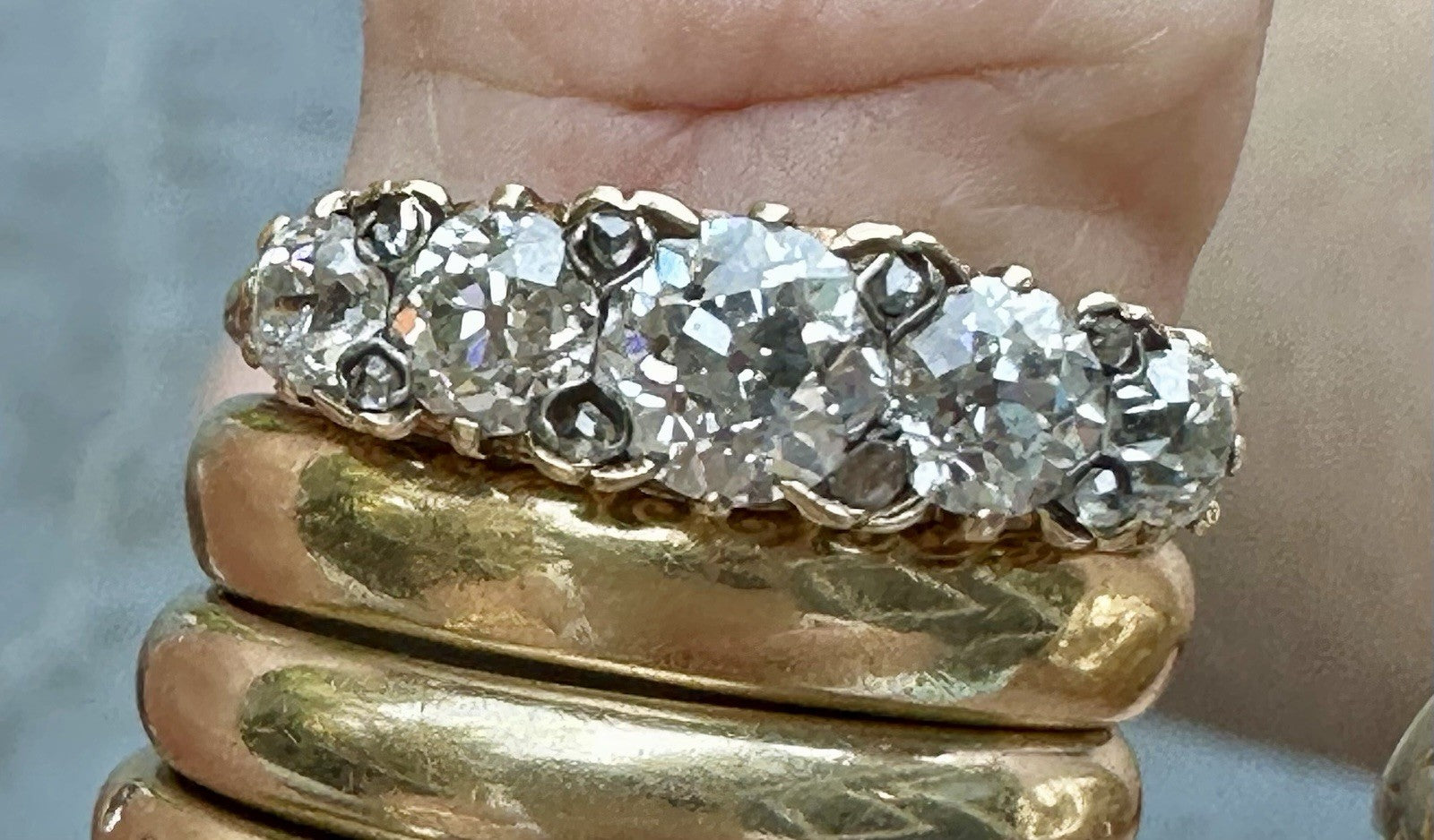 Victorian Old Cushion Cut 1.75 + Cttw  Hoop Ring ( Five Central Diamonds )