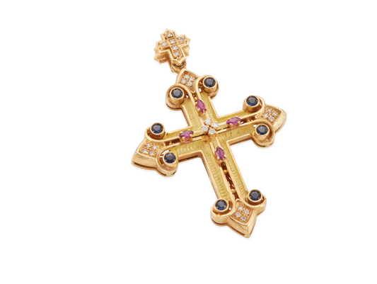 18K GOLD, SAPPHIRE, RUBY AND DIAMOND CROSS PENDANT