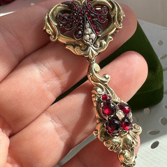 Victorian Gold Garnet And Seed Pearl  Convertible Pendant /Brooch