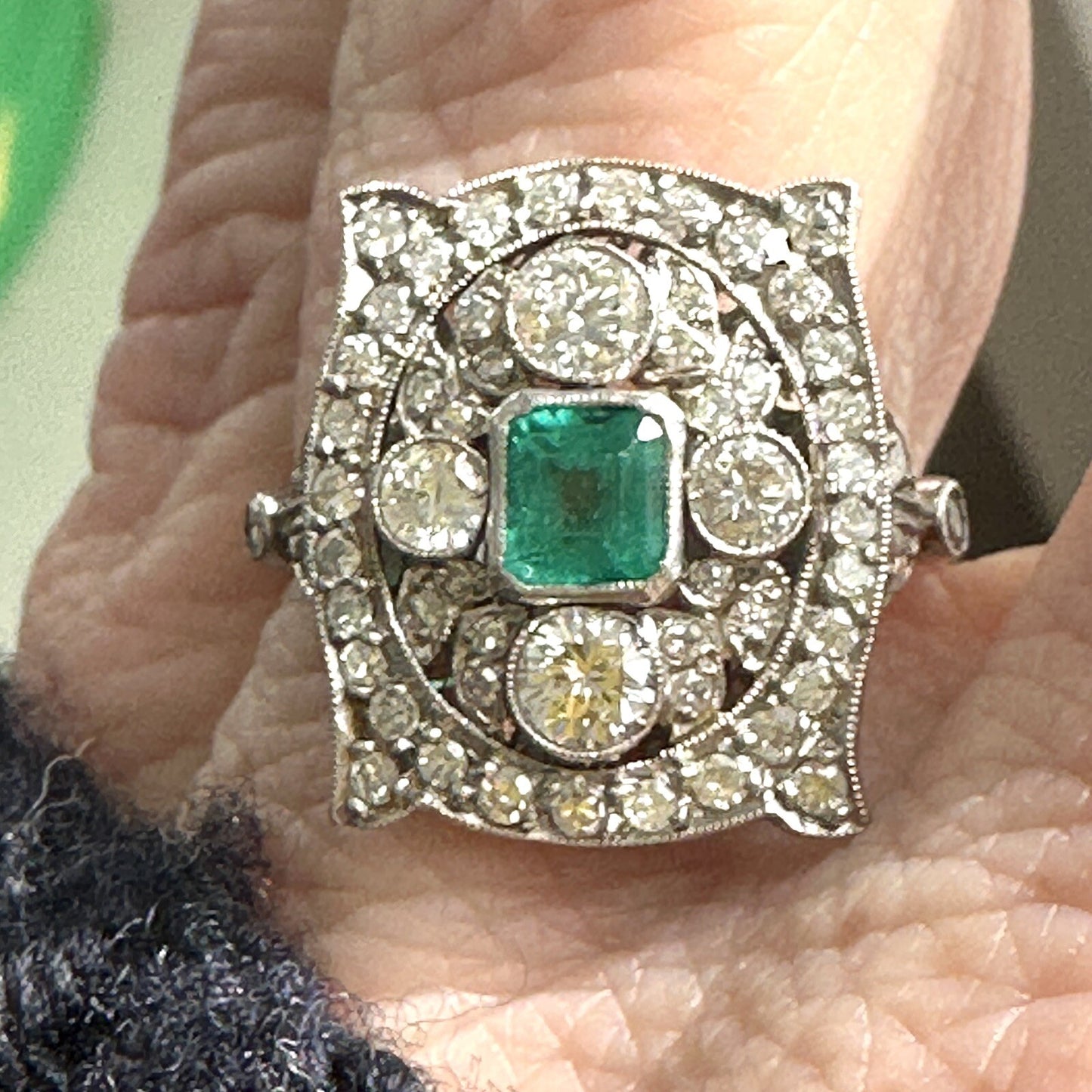 Antique Old Cut Diamond Emerald Shield Ring ( 2+ Cttw)