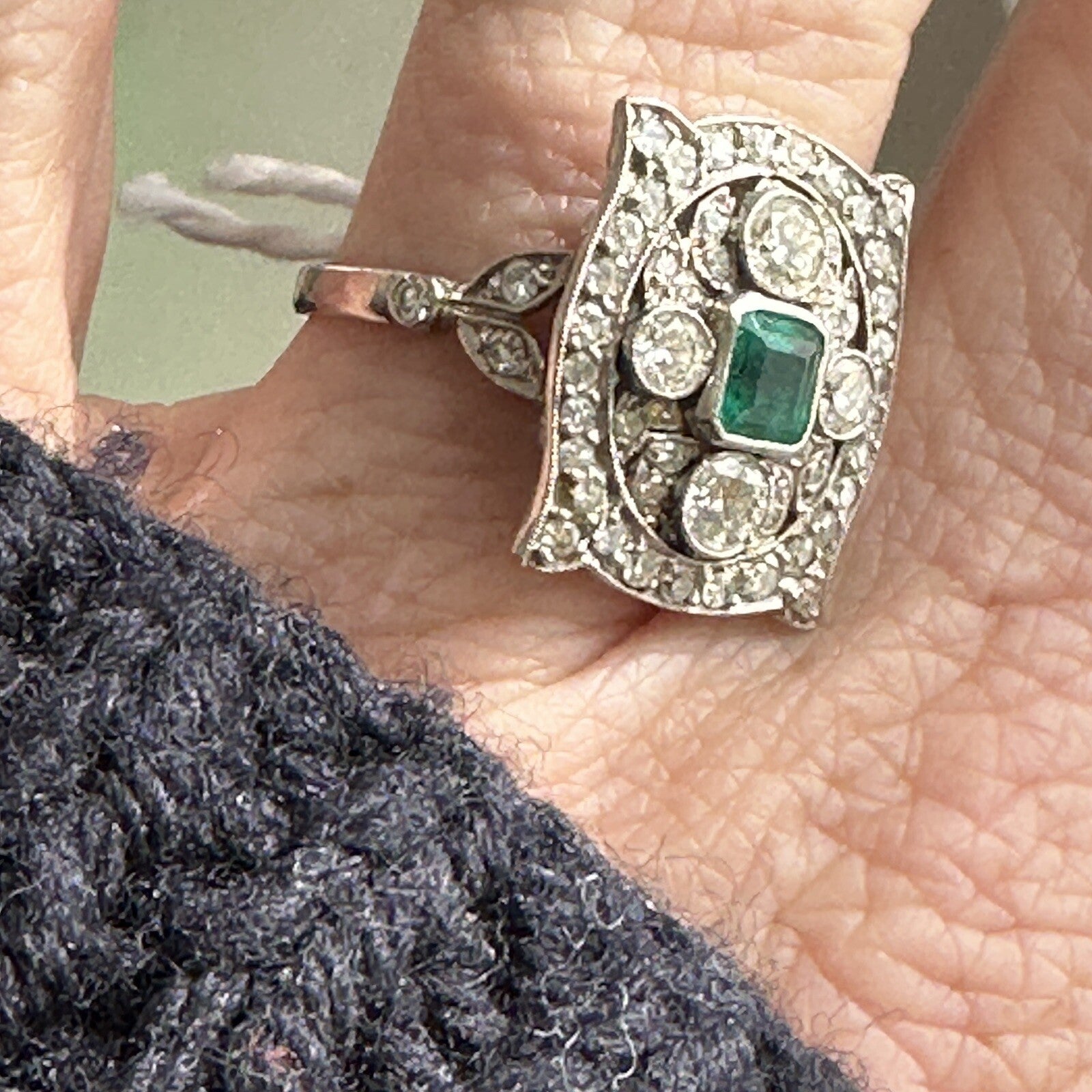Antique Old Cut Diamond Emerald Shield Ring ( 2+ Cttw)