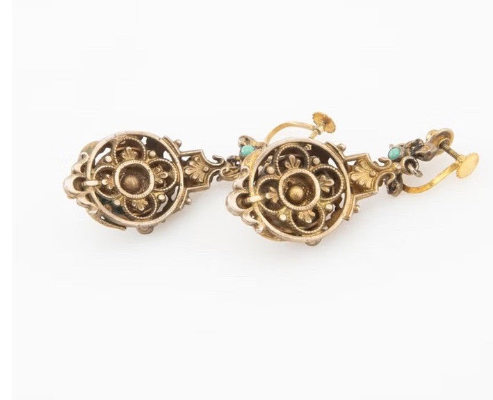 Antique Turquoise And Seed Pearl  Gilded Silver Dangle  Earrings