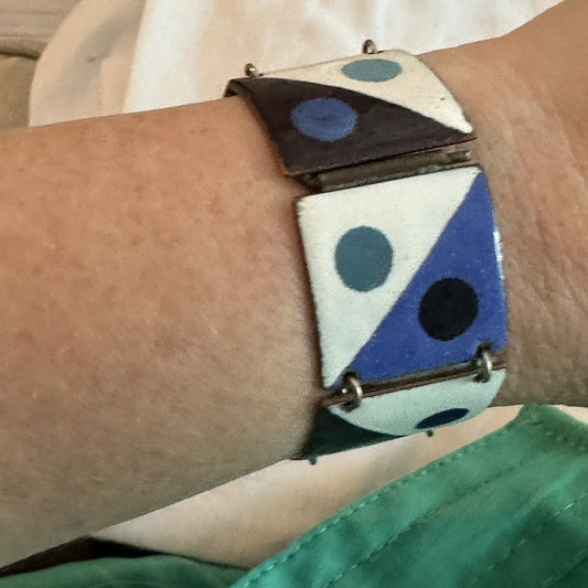 Rare Harold Balazs Blues & Black Dot enamel on copper 6 Link bracelet Signature