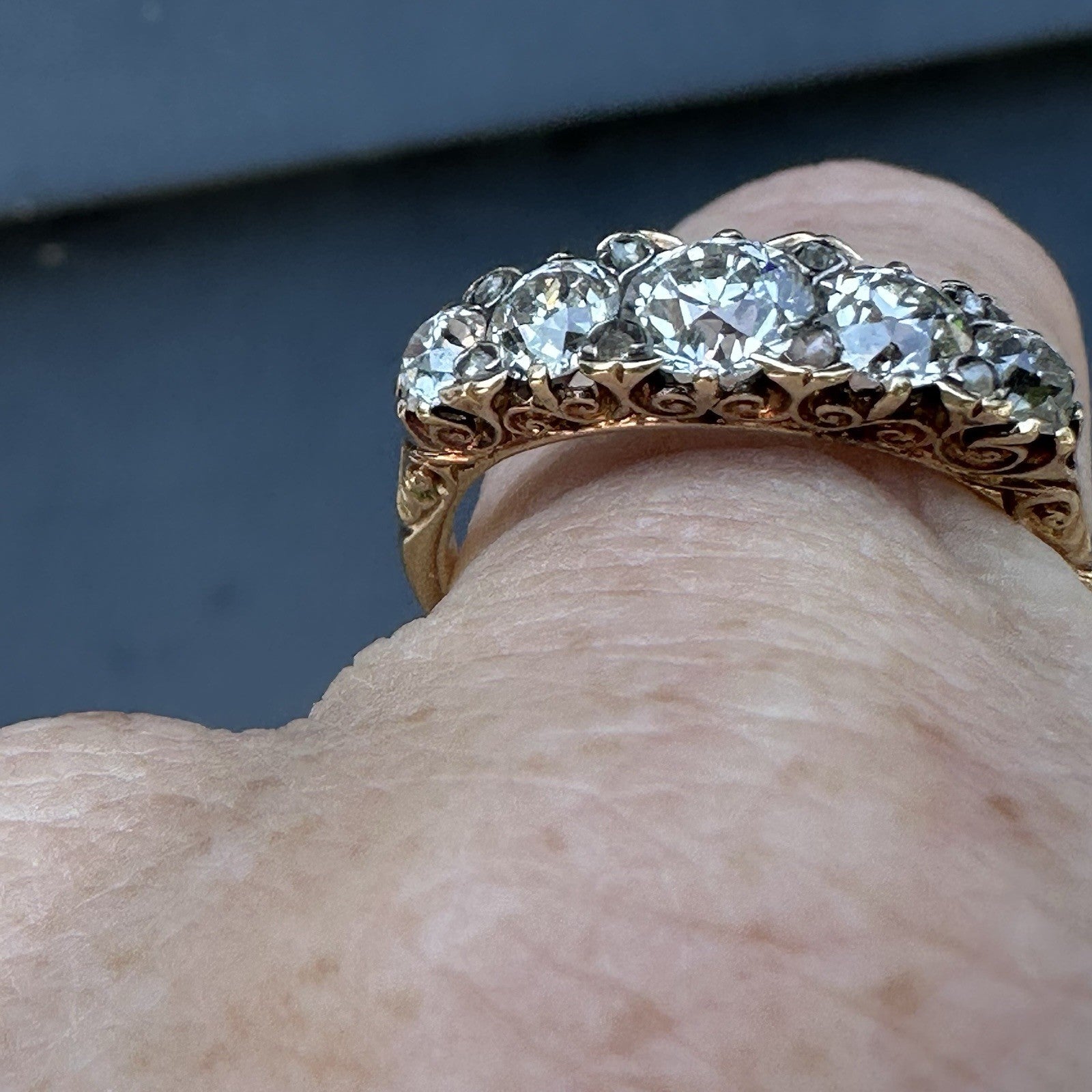 Victorian Old Cushion Cut 1.75 + Cttw  Hoop Ring ( Five Central Diamonds )