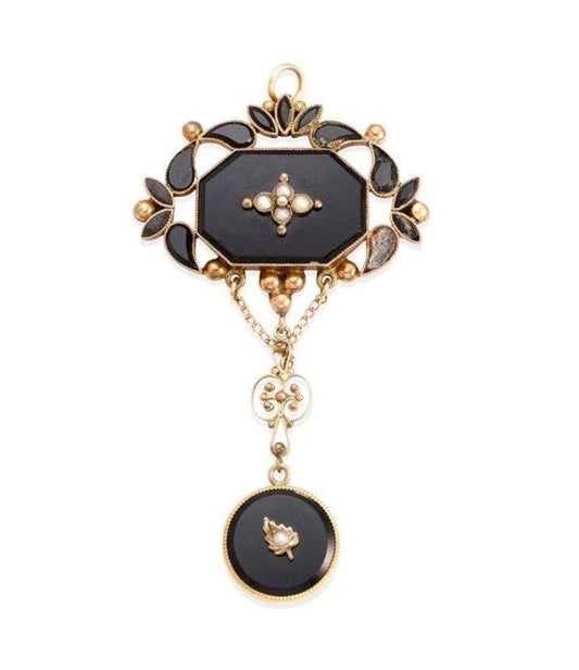 Victorian Onyx  & Cultured Pearl Mourning Pendant 10k