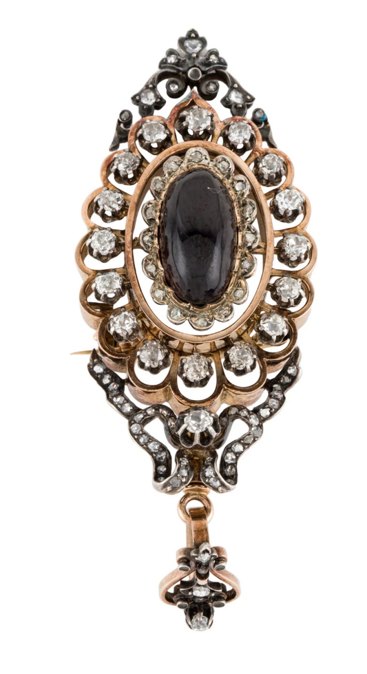 French Victorian Garnet  And Old mine cut Diamond  (3.2 cttw)  Pendant /Brooch