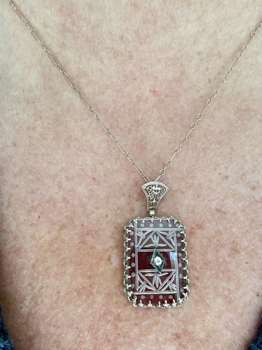 Art Deco carved carnelian & Diamond pendant necklace 14k white gold. 1920