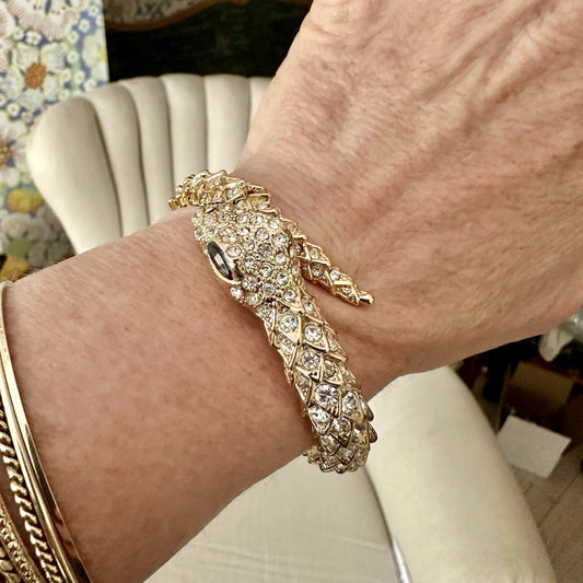 Snake Hinged Bracelet Bypass Serpent Gold Tone Cream Rhinestones