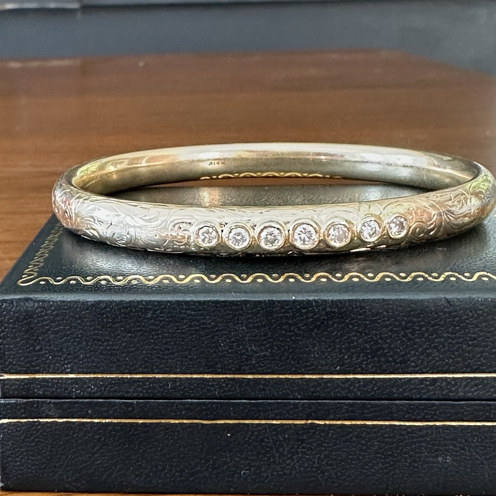 Antique 1890s 14k Etched Old Cut Diamond Bangle 