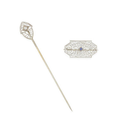 Edwardian Platinum Topped Gold Diamond Bar And Sapphire Brooch Pin and Brooch