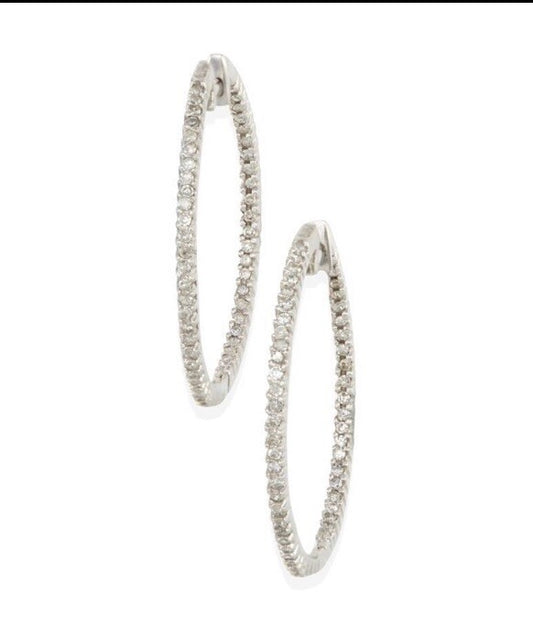 NWOT 14K White Gold Inside Out Diamond Hoop Earrings 1.29-1.35 Cttw