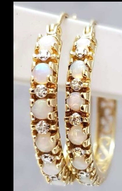 14k Opal Diamond Hoops