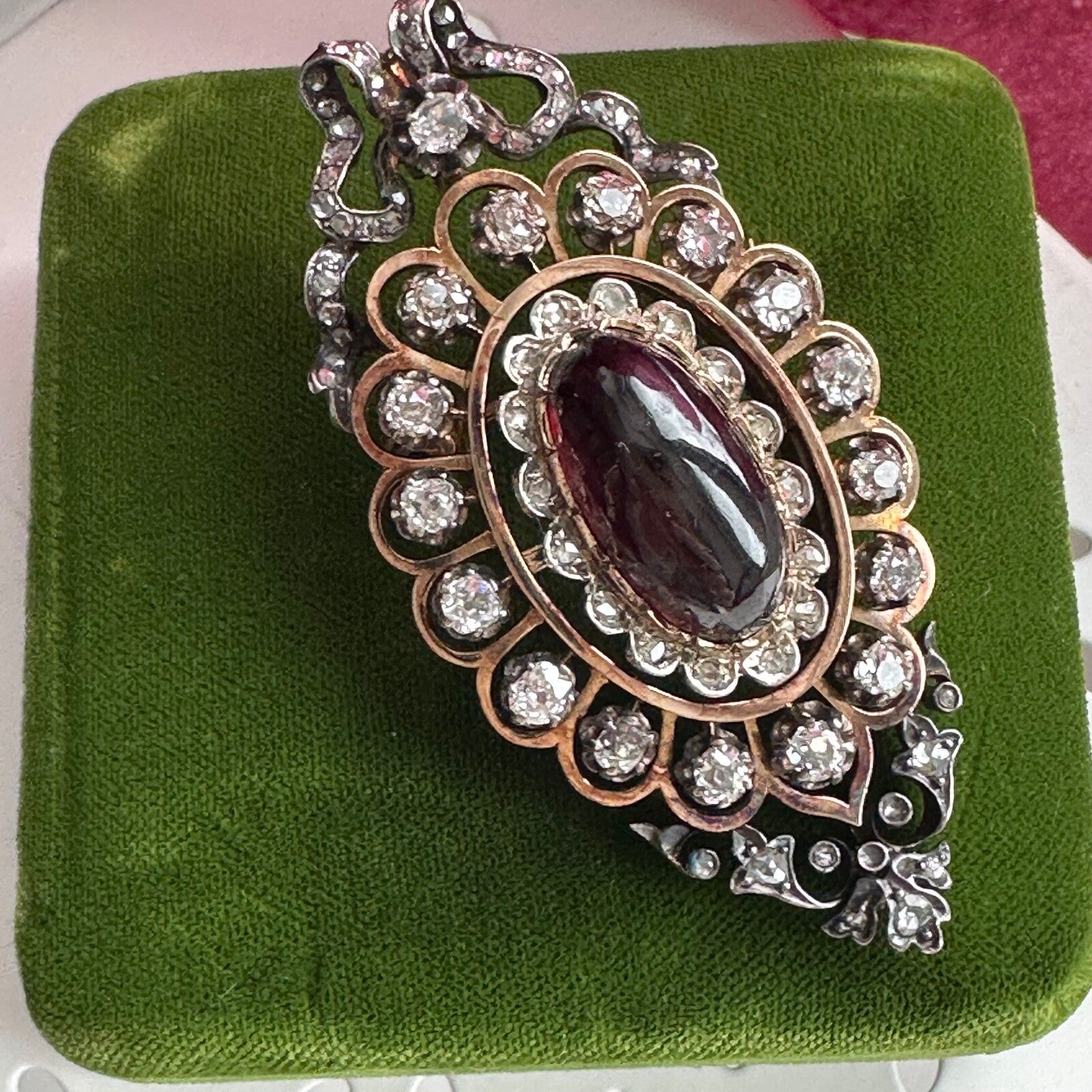 French Victorian Garnet  And Old mine cut Diamond  (3.2 cttw)  Pendant /Brooch