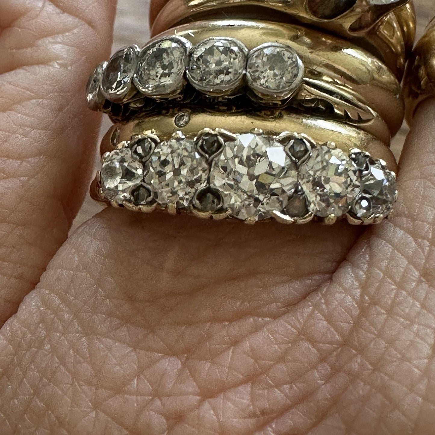 Victorian Old Cushion Cut 1.75 + Cttw  Hoop Ring ( Five Central Diamonds )