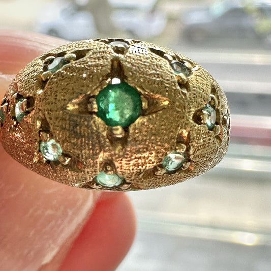Vintage French Star Burst 18k Emerald Dome Ring Size 4.75 - 5.23g