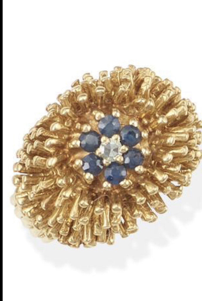 Vintage Sea Urchin Style  14kt Gold And Sapphire Ring And Earrings Set 12.3 G