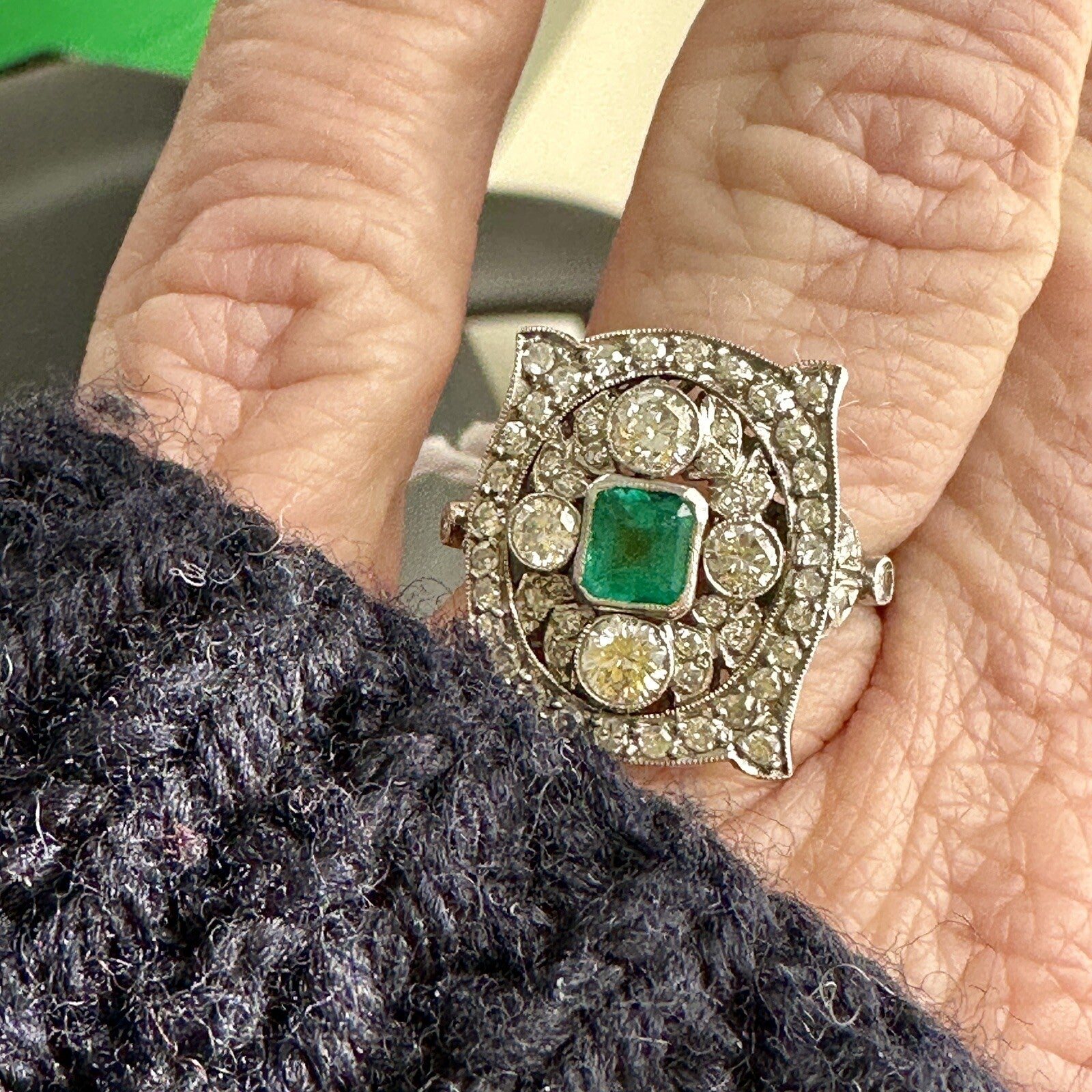 Antique Old Cut Diamond Emerald Shield Ring ( 2+ Cttw)