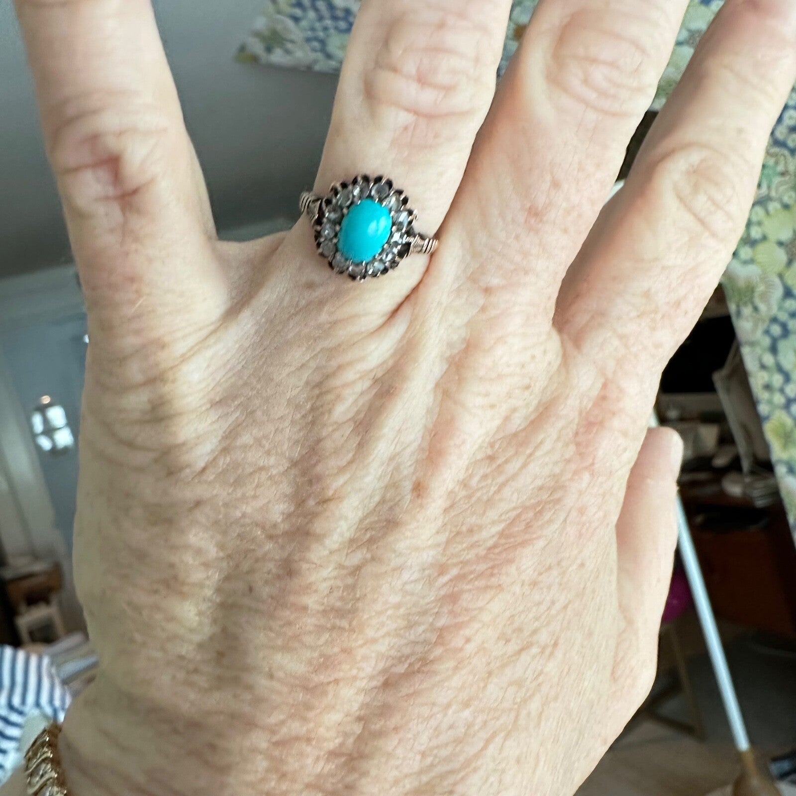 Edwardian Turquoise and Rose cut diamonds French