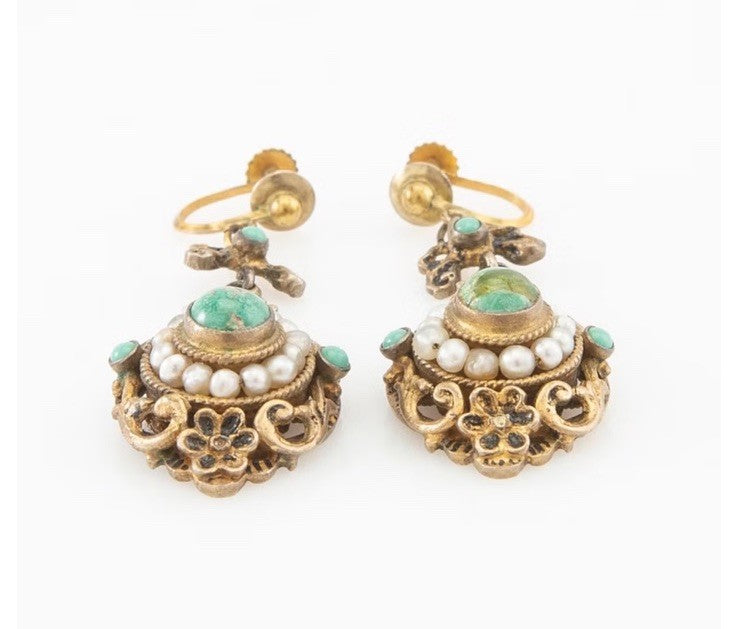 Antique Turquoise And Seed Pearl  Gilded Silver Dangle  Earrings