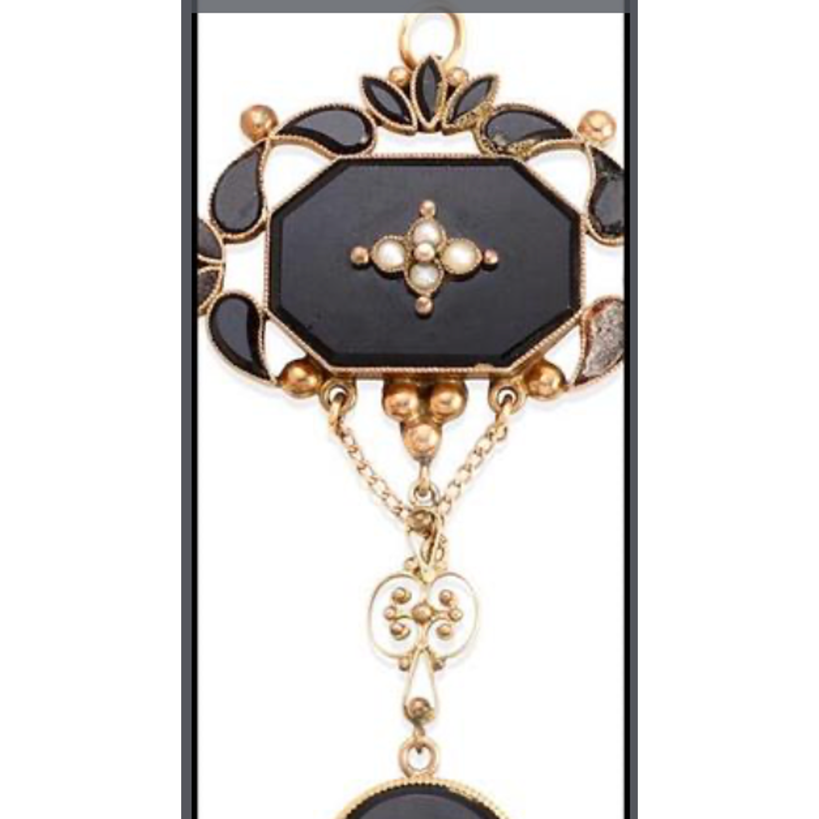 ANTIQUE 10K GOLD, PEARL & ONYX PENDANT  On A rose gold mini trombone Link