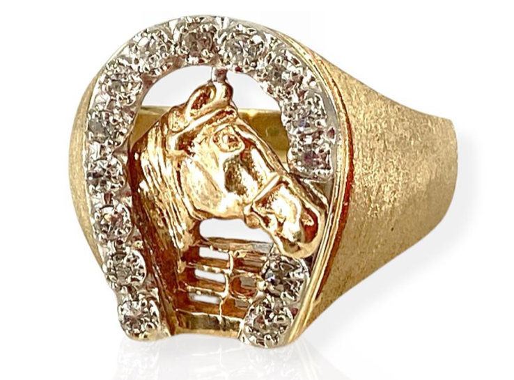 Heavy 10k Gold Horseshoe Ring W/Horse Motif And Diamond Accents - Well-Made Piec