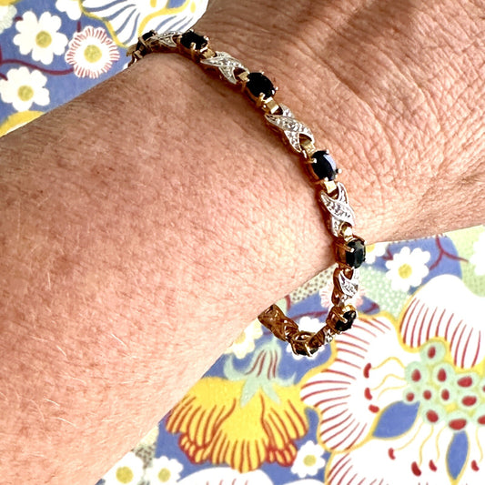 Diamond Sapphire X Bracelet 7.5 Inches Sterling With Gold Overlay