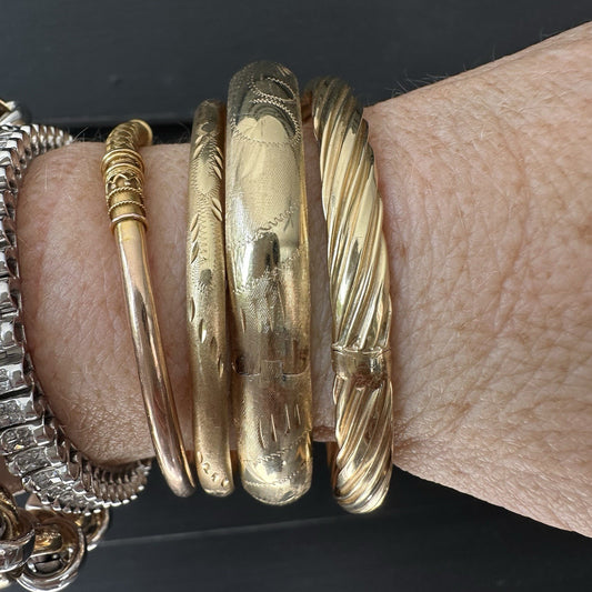 Vintage HOB 14K Yellow Gold  Floral Engraved Hinged Bangle Bracelet 9g 6.2 “
