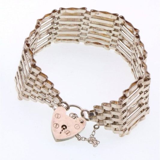 Victorian;  English Sterling Silver Heart Padlock “ Gate “ Bracelet