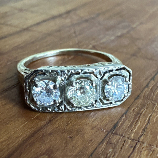 Edwardian 14k 3 stone Old European Cut diamonds setting ring 1.35 Cttw