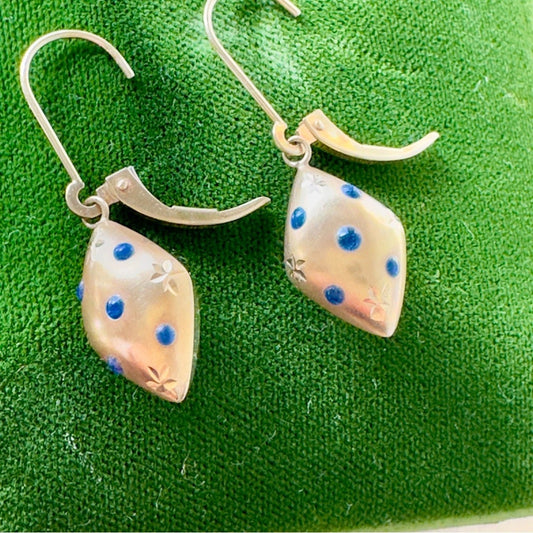 14k Gold and Blue Triangle Puff Dome Shaped Dangle Earrings