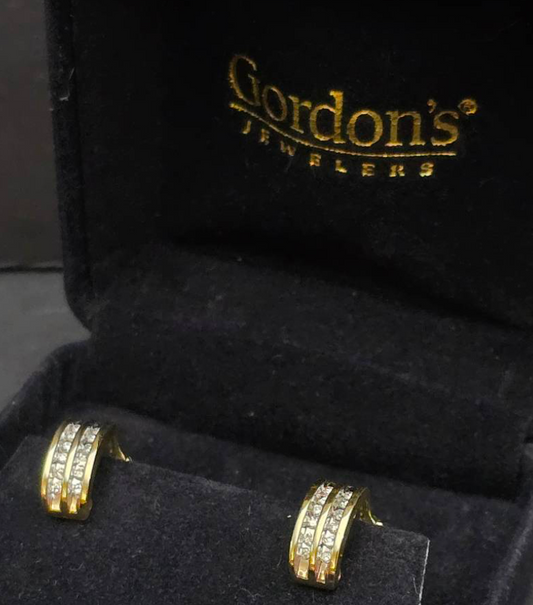 14K Gold Double Row Diamond Half Hoop Earrings