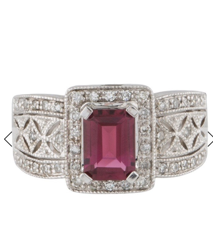 White Gold 14k Diamond Tourmaline Ring  Size 8.75