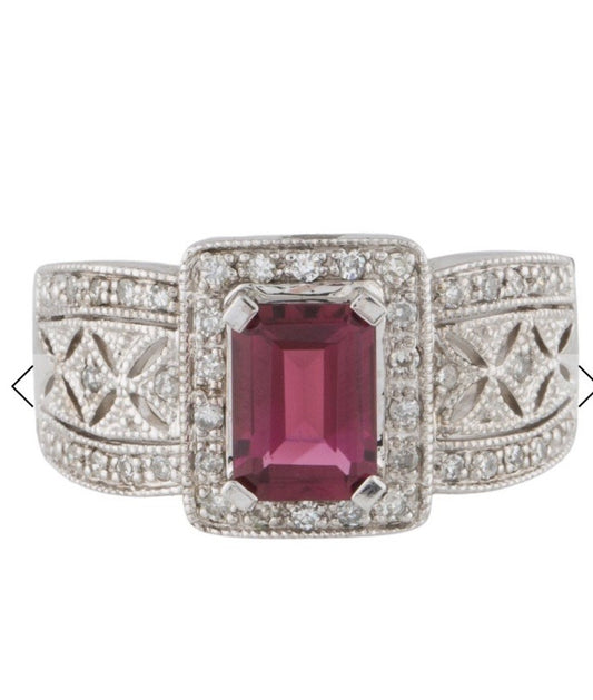 White Gold 14k Diamond Tourmaline Ring  Size 8.75