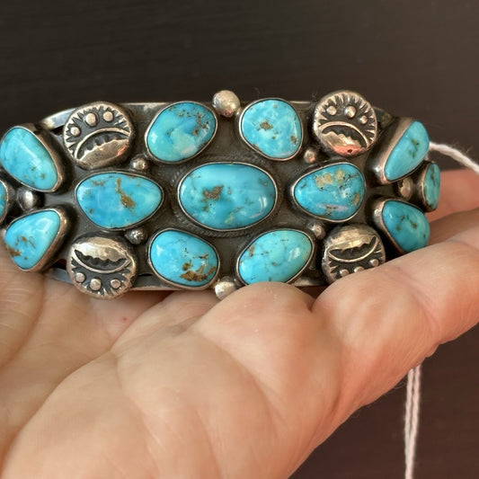 Verdy  Jake Vintage Sterling Silver Navajo  Morenci turquoise Cluster Cuff -82 G